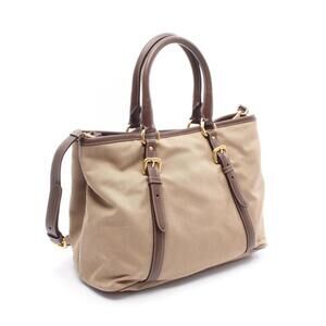 Prada Canvas Beige Brown Logo Tan Jacquard Handbag Leather